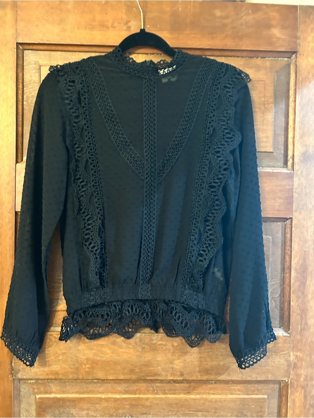 everleigh Black Lace-Trim Long Sleeve Blouse